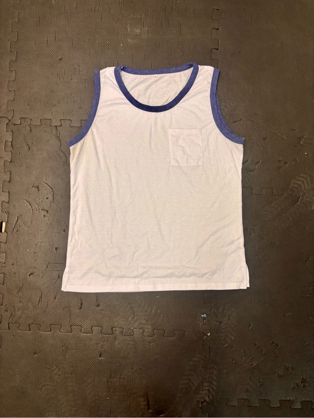 Women’s White Tank Top with Blue Trim and Chest Pocket